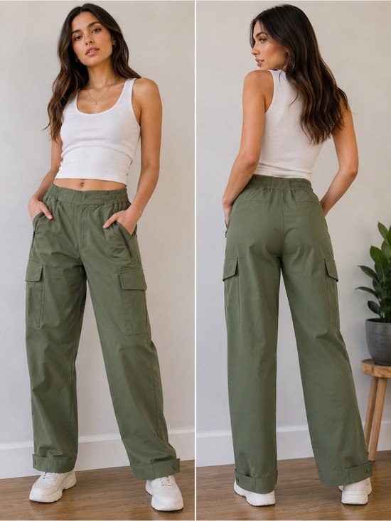 Mondetta Pants - Mondetta Olive Green Wide-Leg Cargo Pants